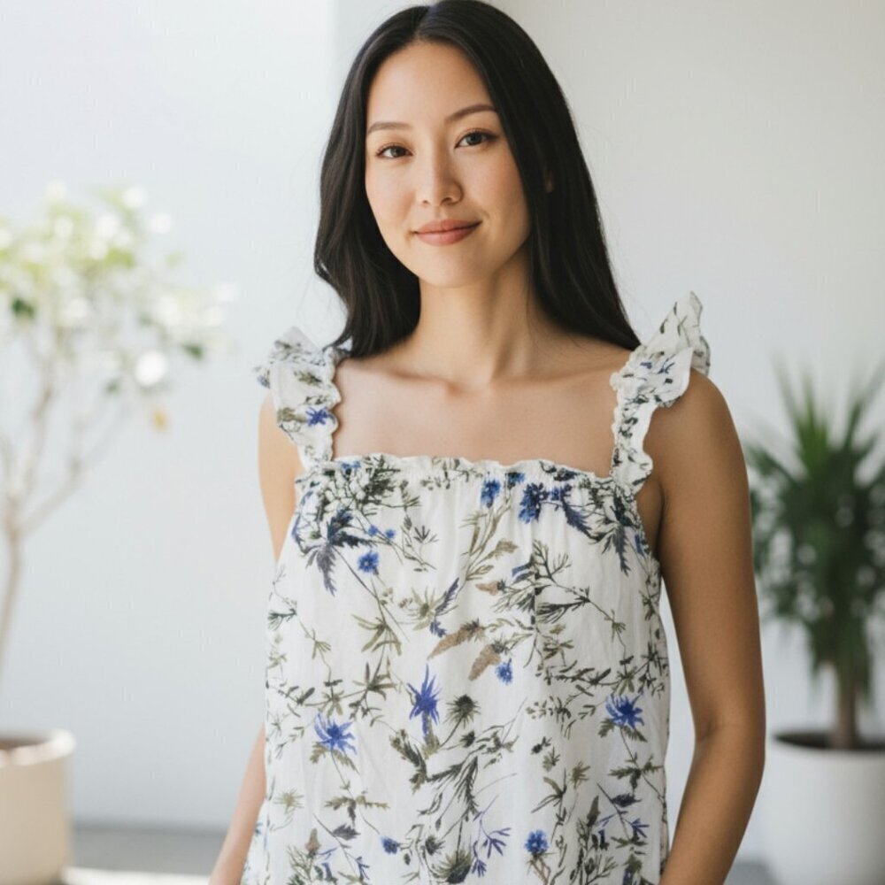 Primark White Floral Ruffle Strap Blouse – Women’s Size 4 (Small) Summer Top